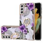 For Samsung Galaxy S21+ 5G Electroplating Pattern IMD TPU Shockproof Case with Rhinestone Ring Holder(Purple Flower) - 1