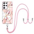 For Samsung Galaxy S21 Ultra 5G Electroplating Splicing Marble Flower Pattern TPU Shockproof Case with Lanyard(Pink Flower) - 1