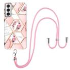 For Samsung Galaxy S21 5G Electroplating Splicing Marble Flower Pattern TPU Shockproof Case with Lanyard(Pink Flower) - 1