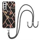 For Samsung Galaxy S21 5G Electroplating Splicing Marble Flower Pattern TPU Shockproof Case with Lanyard(Black Flower) - 1