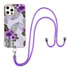 For iPhone 12 Pro Max Electroplating Pattern IMD TPU Shockproof Case with Neck Lanyard(Purple Flower) - 1