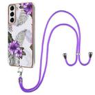 For Samsung Galaxy S21 5G Electroplating Pattern IMD TPU Shockproof Case with Neck Lanyard(Purple Flower) - 1