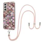 For Samsung Galaxy S21 FE Electroplating Pattern IMD TPU Shockproof Case with Neck Lanyard(Pink Scales) - 1