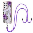 For Samsung Galaxy S21 Ultra 5G Electroplating Pattern IMD TPU Shockproof Case with Neck Lanyard(Purple Flower) - 1