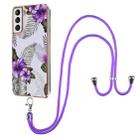 For Samsung Galaxy S21+ 5G Electroplating Pattern IMD TPU Shockproof Case with Neck Lanyard(Purple Flower) - 1