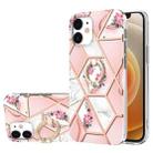 For iPhone 12 mini Electroplating Splicing Marble Flower Pattern TPU Shockproof Case with Rhinestone Ring Holder (Pink Flower) - 1