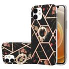For iPhone 12 mini Electroplating Splicing Marble Flower Pattern TPU Shockproof Case with Rhinestone Ring Holder (Black Flower) - 1