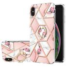 For iPhone X / XS Electroplating Splicing Marble Flower Pattern TPU Shockproof Case with Rhinestone Ring Holder(Pink Flower) - 1
