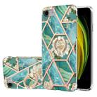 For iPhone SE 2022 / SE 2020 / 8 / 7 Electroplating Splicing Marble Flower Pattern TPU Shockproof Case with Rhinestone Ring Holder(Blue Flower) - 1