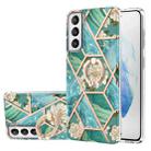 For Samsung Galaxy S21 FE Electroplating Splicing Marble Flower Pattern TPU Shockproof Case with Rhinestone Ring Holder(Blue Flower) - 1