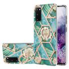 For Samsung Galaxy S20 Electroplating Splicing Marble Flower Pattern TPU Shockproof Case with Rhinestone Ring Holder(Blue Flower) - 1