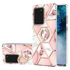For Samsung Galaxy S20 Ultra Electroplating Splicing Marble Flower Pattern TPU Shockproof Case with Rhinestone Ring Holder(Pink Flower) - 1