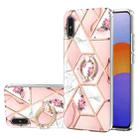 For Xiaomi Redmi 9A Electroplating Splicing Marble Flower Pattern TPU Shockproof Case with Rhinestone Ring Holder(Pink Flower) - 1
