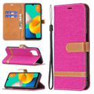 For Samsung Galaxy M32 Color Matching Denim Texture Horizontal Flip Leather Case with Holder & Card Slots & Wallet & Lanyard(Rose Red) - 1
