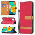 For Samsung Galaxy M32 Color Matching Denim Texture Horizontal Flip Leather Case with Holder & Card Slots & Wallet & Lanyard(Red) - 1