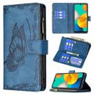 For Samsung Galaxy M32 Flying Butterfly Embossing Pattern Zipper Horizontal Flip Leather Case with Holder & Card Slots & Wallet(Blue) - 1