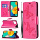 For Samsung Galaxy M32 Embossing Two Butterflies Pattern Horizontal Flip PU Leather Case with Holder & Card Slot & Wallet & Lanyard(Rose Red) - 1