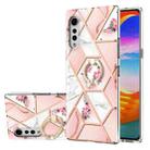 For LG Velvet 5G Electroplating Splicing Marble Flower Pattern TPU Shockproof Case with Rhinestone Ring Holder(Pink Flower) - 1