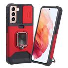 For Samsung Galaxy S21 5G Sliding Camera Cover Design PC + TPU Shockproof Case with Ring Holder & Card Slot(Red) - 1