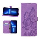 For iPhone 13 Pro Max Retro Skin Feel Butterflies Embossing Horizontal Flip Leather Case with Holder & Card Slots & Wallet (Purple) - 1