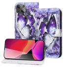 3D Painted Pattern Horizontal Flip Leather Case with Holder & Wallet & Card slot & Lanyard For iPhone 13 mini(Purple Flower Butterfly) - 1