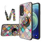 For OnePlus Nord 2 5G Painted Ethnic Pattern Tempered Glass TPU Shockproof Case with Folding Magnetic Holder & Neck Strap(Checkered) - 1