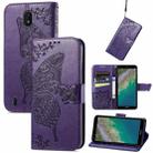 Butterfly Love Flowers Embossed Horizontal Flip Leather Case with Holder & Card Slots & Wallet & Lanyard For Nokia C01 Plus(Dark Purple) - 1