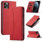 For iPhone 13 Skin-feel Calfskin Texture Magnetic Dual-Fold Horizontal Flip Leather Case with Holder & Card Slots & Wallet(Red) - 1