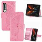 For Samsung Galaxy Z Fold3 5G Butterfly Love Flowers Embossed Horizontal Flip Leather Case with Holder & Card Slots & Wallet & Lanyard(Pink) - 1