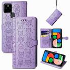 For Google Pixel 5a 5G Lovely Cat and Dog Embossing Pattern Horizontal Flip Leather Case , with Holder & Card Slots & Wallet & Cartoon Clasp & Lanyard(Purple) - 1