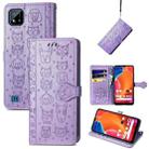 For OPPO Realme C20 Lovely Cat and Dog Embossing Pattern Horizontal Flip Leather Case , with Holder & Card Slots & Wallet & Cartoon Clasp & Lanyard(Purple) - 1