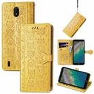 For Nokia C01 Plus Lovely Cat and Dog Embossing Pattern Horizontal Flip Leather Case , with Holder & Card Slots & Wallet & Cartoon Clasp & Lanyard(Yellow) - 1