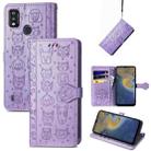 For ZTE A51 Lovely Cat and Dog Embossing Pattern Horizontal Flip Leather Case , with Holder & Card Slots & Wallet & Cartoon Clasp & Lanyard(Purple) - 1