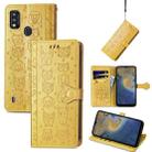 For ZTE A51 Lovely Cat and Dog Embossing Pattern Horizontal Flip Leather Case , with Holder & Card Slots & Wallet & Cartoon Clasp & Lanyard(Yellow) - 1