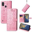 For ZTE A51 Lovely Cat and Dog Embossing Pattern Horizontal Flip Leather Case , with Holder & Card Slots & Wallet & Cartoon Clasp & Lanyard(Pink) - 1