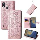 For ZTE A51 Lovely Cat and Dog Embossing Pattern Horizontal Flip Leather Case , with Holder & Card Slots & Wallet & Cartoon Clasp & Lanyard(Rose Gold) - 1