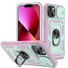 For iPhone 13 Sliding Camera Cover Design TPU + PC Protective Case with 360 Degree Rotating Holder & Card Slot(Pink+Green) - 1