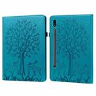 For Samsung Galaxy Tab S8 / Galaxy Tab S7 SM-T870 Tree & Deer Pattern Pressed Printing Horizontal Flip PU Leather Case with Holder & Card Slots(Blue) - 1