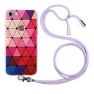 For iPhone SE 2022 / SE 2020 / 8 / 7 Hollow Diamond-shaped Squares Pattern TPU Precise Hole Phone Protective Case with Lanyard(Purple) - 1