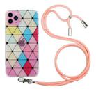 For iPhone 11 Pro Hollow Diamond-shaped Squares Pattern TPU Precise Hole Phone Protective Case with Lanyard (Pink) - 1