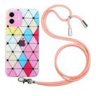 For iPhone 12 mini Hollow Diamond-shaped Squares Pattern TPU Precise Hole Phone Protective Case with Lanyard (Pink) - 1