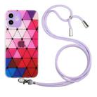 For iPhone 12 Hollow Diamond-shaped Squares Pattern TPU Precise Hole Phone Protective Case with Lanyard(Purple) - 1