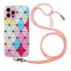 For iPhone 12 Pro Hollow Diamond-shaped Squares Pattern TPU Precise Hole Phone Protective Case with Lanyard(Pink) - 1