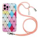 For iPhone 12 Pro Max Hollow Diamond-shaped Squares Pattern TPU Precise Hole Phone Protective Case with Lanyard(Pink) - 1