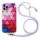 For iPhone 12 Pro Max Hollow Diamond-shaped Squares Pattern TPU Precise Hole Phone Protective Case with Lanyard(Purple) - 1