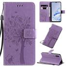 For Xiaomi Mi 9 Pro Tree & Cat Pattern Pressed Printing Horizontal Flip PU Leather Case with Holder & Card Slots & Wallet & Lanyard(Light Purple) - 1