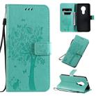 For Nokia 7.2 Tree & Cat Pattern Pressed Printing Horizontal Flip PU Leather Case with Holder & Card Slots & Wallet & Lanyard(Green) - 1