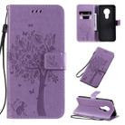 For Nokia 7.2 Tree & Cat Pattern Pressed Printing Horizontal Flip PU Leather Case with Holder & Card Slots & Wallet & Lanyard(Light Purple) - 1