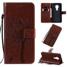 For Nokia 7.2 Tree & Cat Pattern Pressed Printing Horizontal Flip PU Leather Case with Holder & Card Slots & Wallet & Lanyard(Coffee) - 1