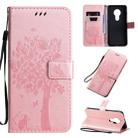 For Nokia 7.2 Tree & Cat Pattern Pressed Printing Horizontal Flip PU Leather Case with Holder & Card Slots & Wallet & Lanyard(Rose gold) - 1